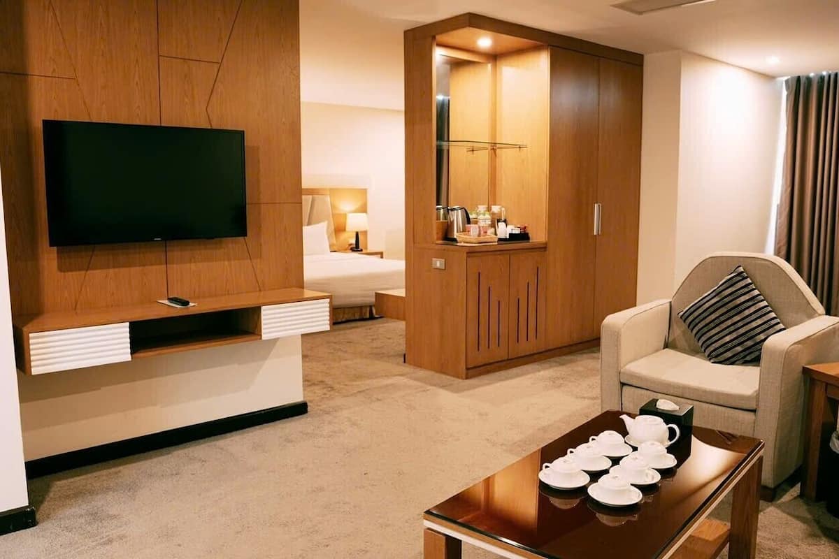 A hotel room with a TV, a bed, a sofa, a coffee table, and a wardrobe.