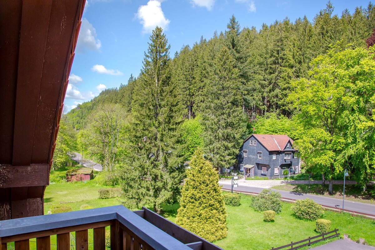 A house with a red roof, surrounded by a forest and a road.