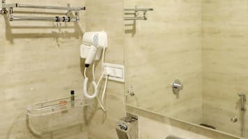 Shower, free toiletries, slippers, towels