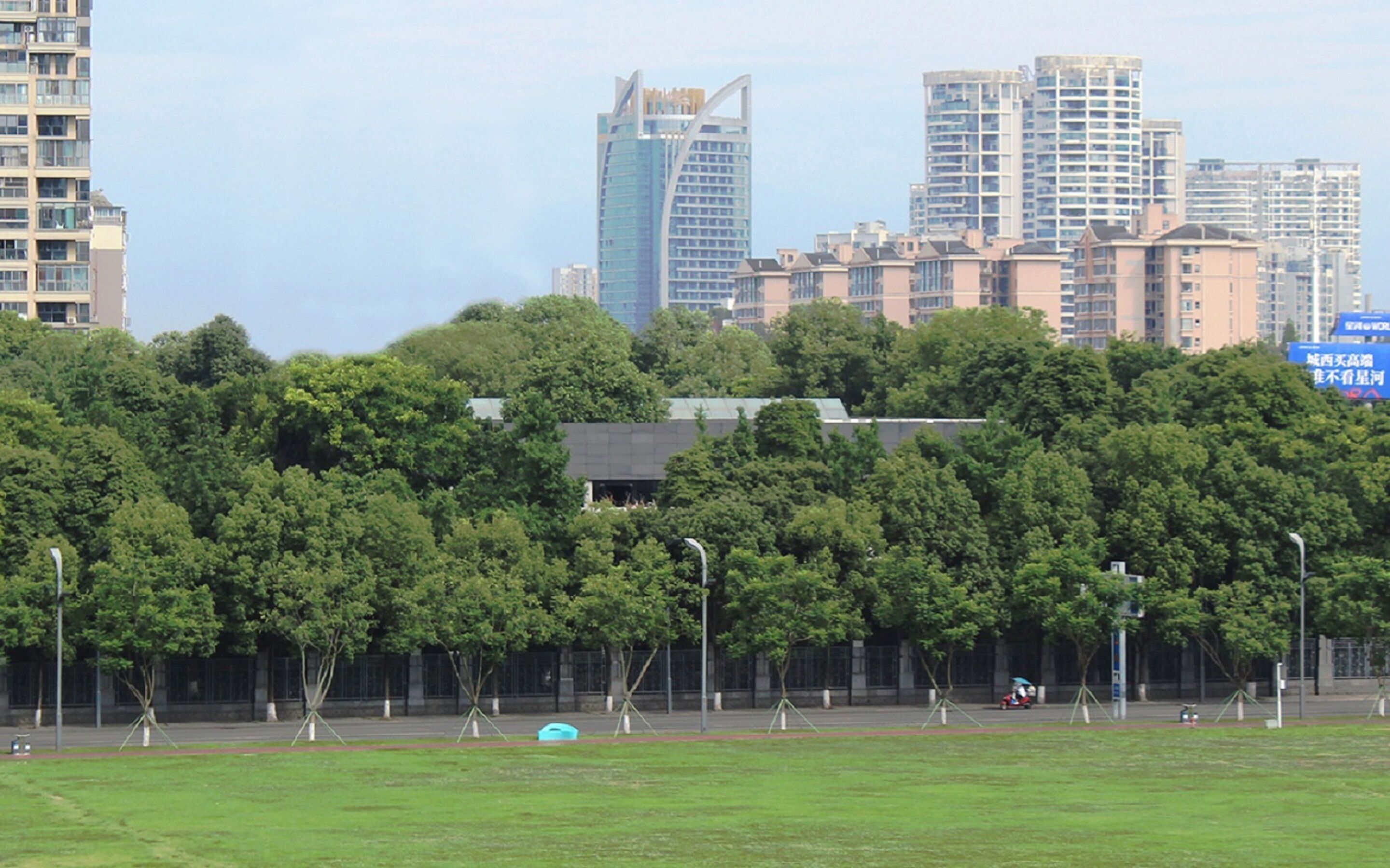 A park with trees and a building in the background.