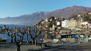 A coastal town with a marina, buildings, and mountains in the background. - Hotel Elvezia Ascona (Ascona)