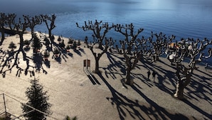A coastal area with a paved walkway, trees, and a view of the sea and mountains. - Hotel Elvezia Ascona (Ascona)