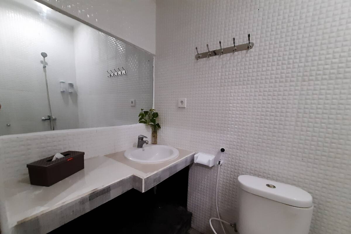 A bathroom with a white sink, mirror, and toilet. There is a towel dispenser and a plant on the counter.