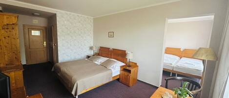 A hotel room with a bed, bedside tables, a desk, a chair, a small table with a plant, and a window.