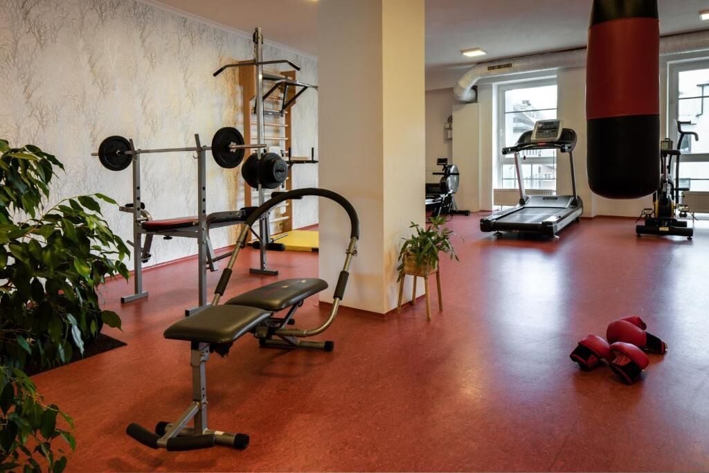 A gym with exercise equipment, a punching bag, and a treadmill.