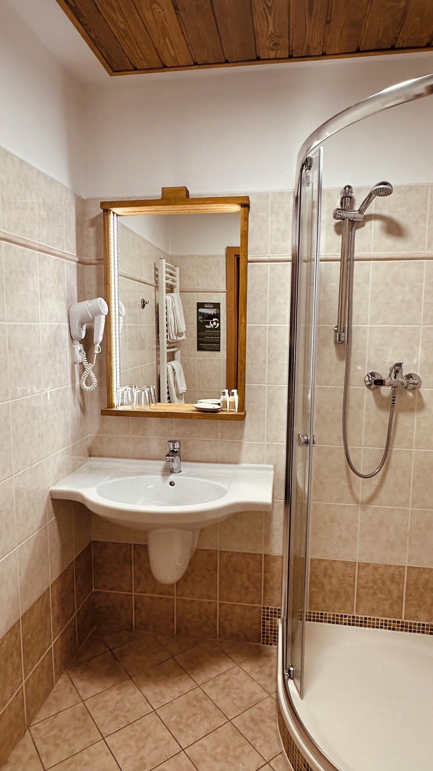 A bathroom with a sink, mirror, shower, and towel rack.