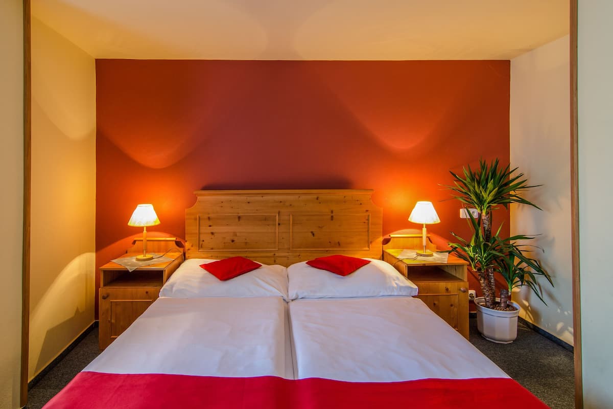 A double bed with red pillows, two bedside tables with lamps, a wooden headboard, and a potted plant.