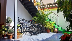 A staircase with green steps, a bicycle parked next to potted plants, and a wall with a decorative pattern. - Shi Lin family folk inn (Kunming)