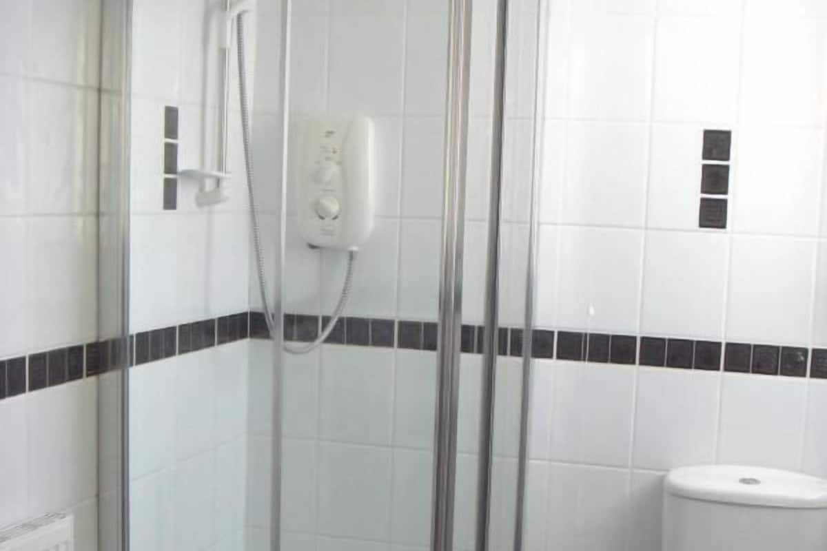 A bathroom with a glass-enclosed shower, a toilet, and a bidet.