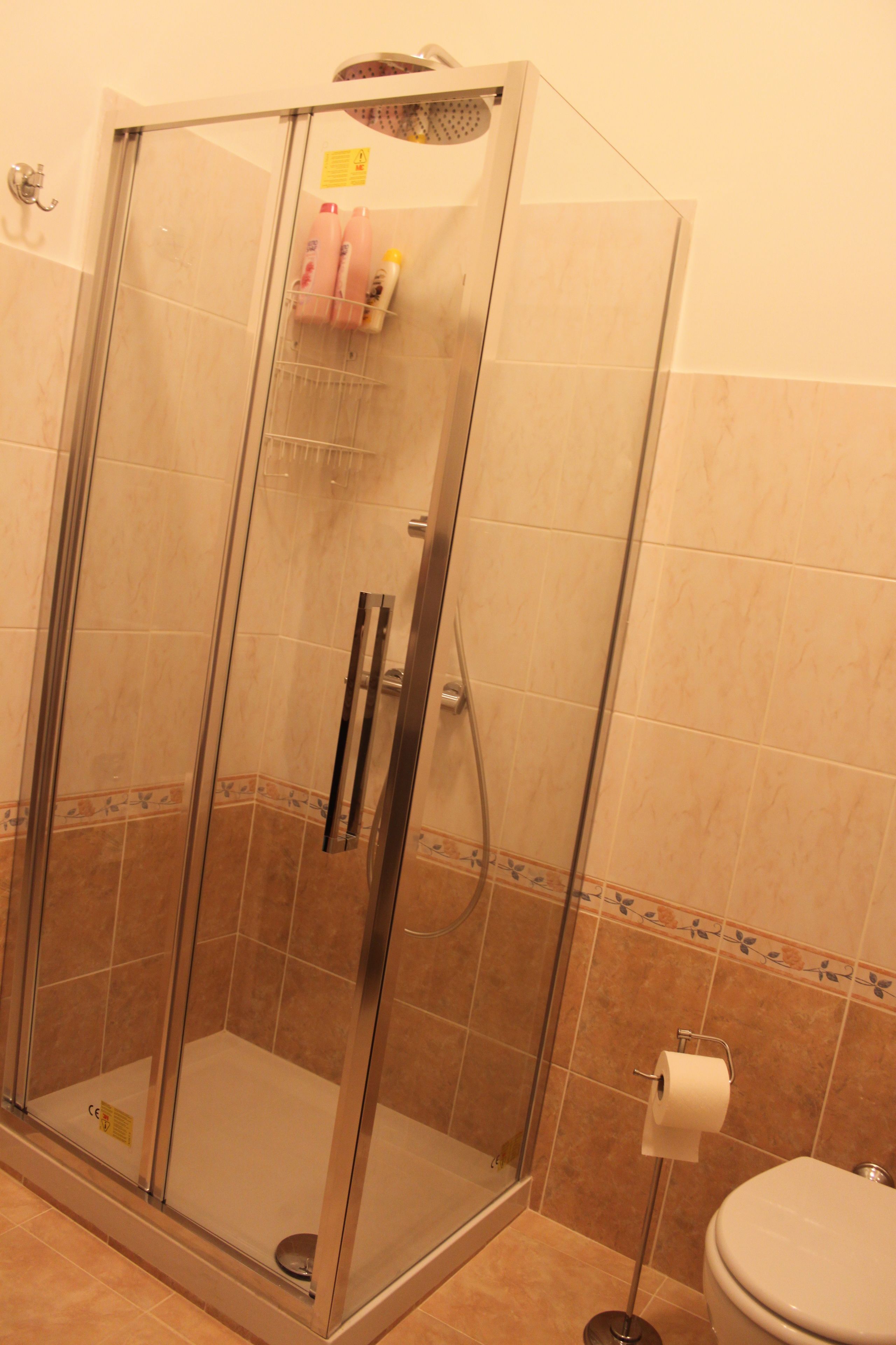 A glass-enclosed shower stall with a toilet and a paper towel dispenser nearby.