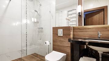 Een moderne badkamer met een douchecabine van glas, een houten wastafelmeubel met een wastafel en een toilet.
