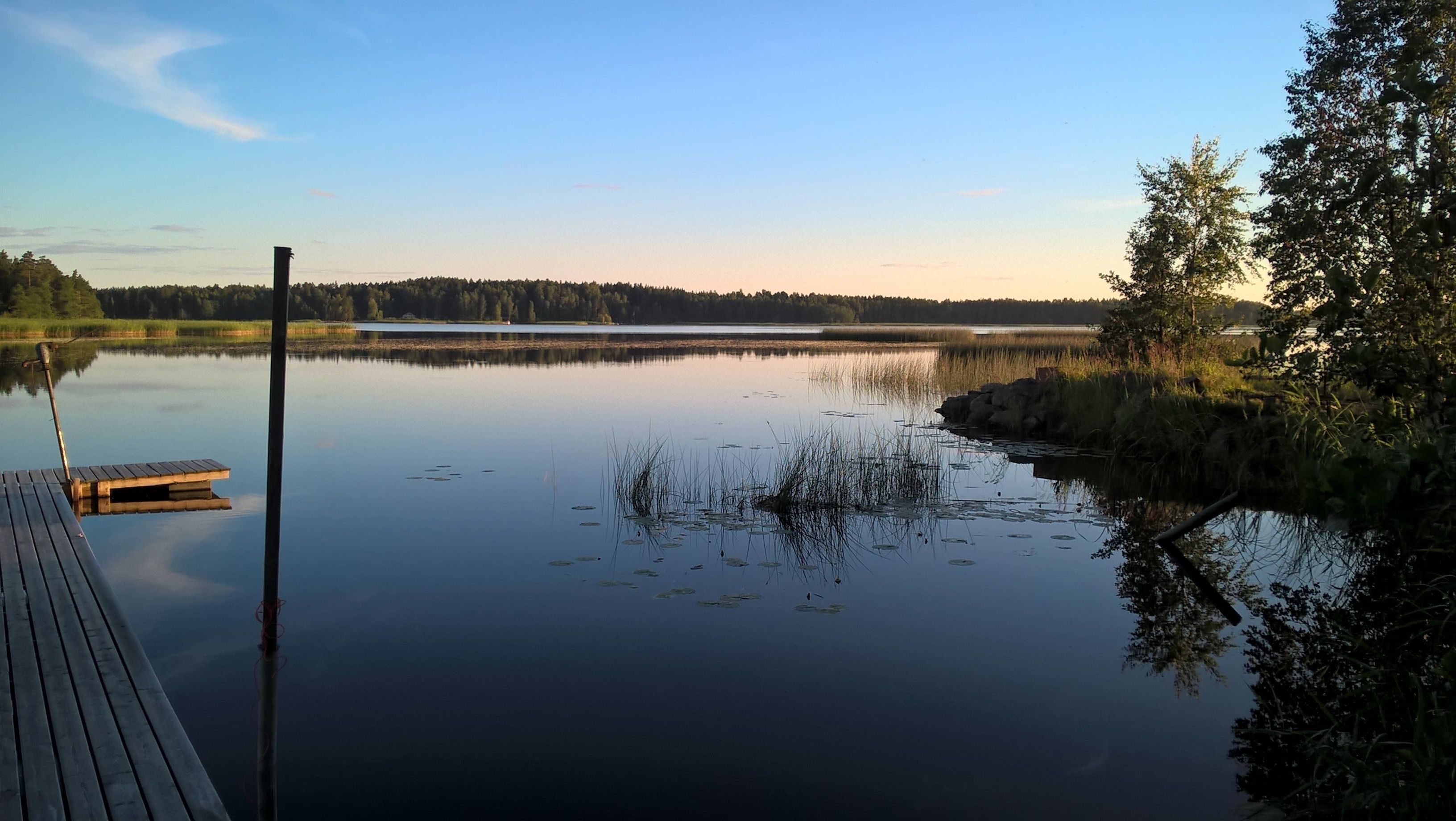 Un lago tranquilo con un muelle de madera que se adentra en el agua.