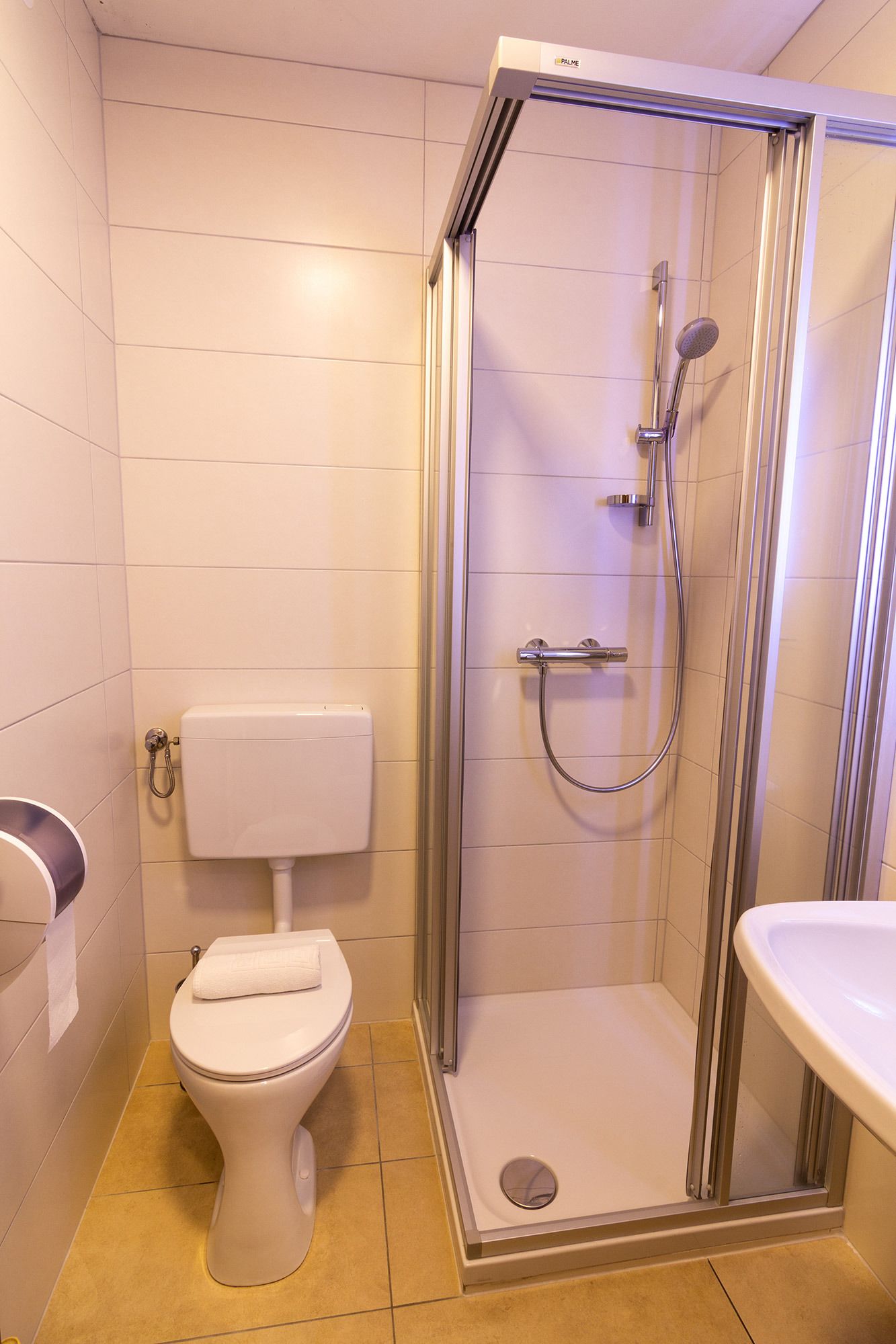 A bathroom with a toilet, a shower enclosure, and a sink.