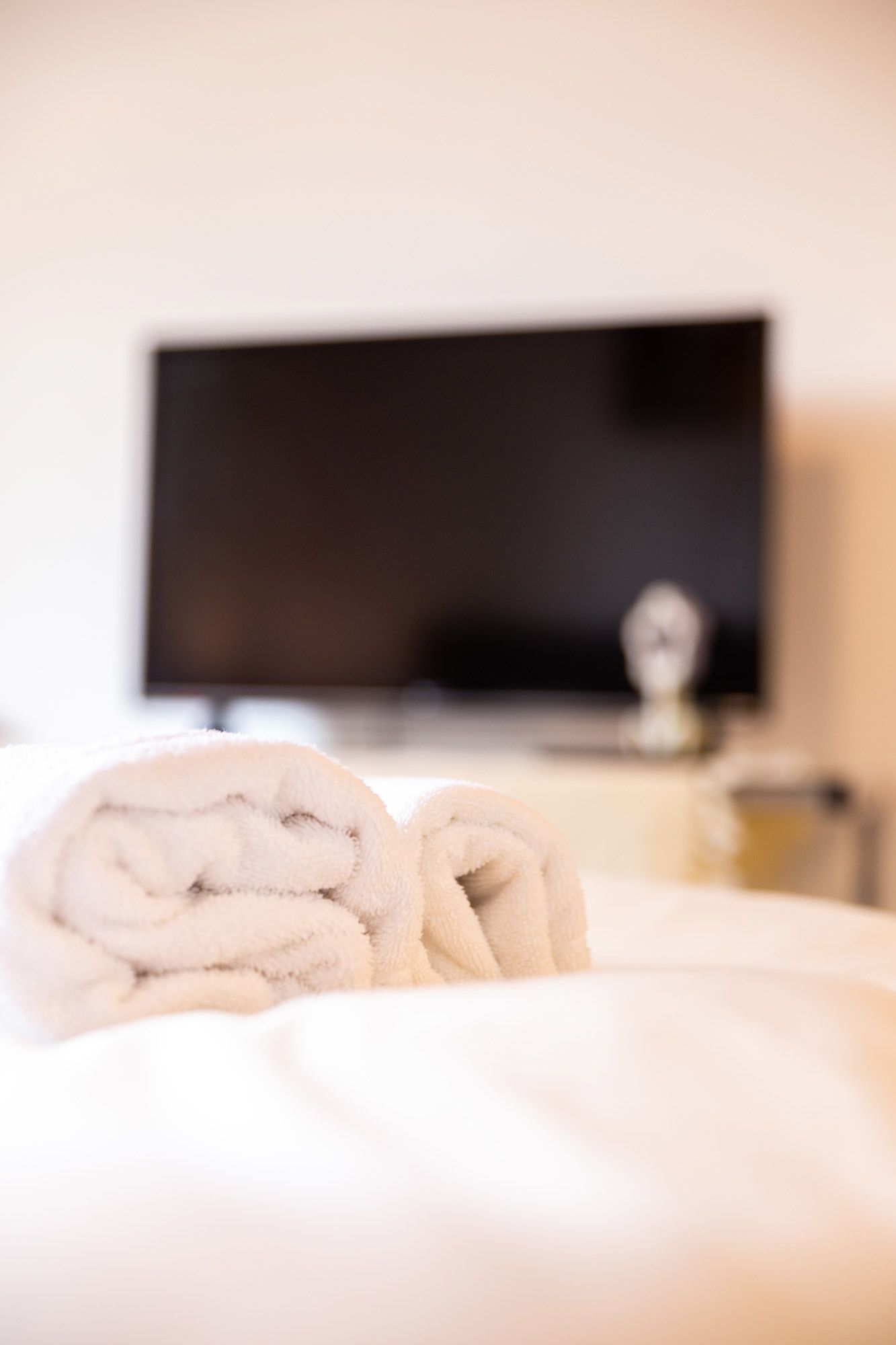 Una cama, con una toalla blanca enrollada al frente y un televisor negro al fondo.