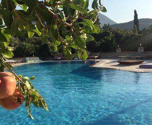Ein klares, blaues Schwimmbecken mit Liegestühlen und einem Berg im Hintergrund.