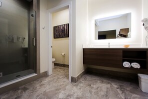 Designer toiletries, hair dryer, towels