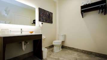 Designer toiletries, hair dryer, towels