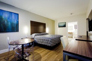 Premium bedding, desk, soundproofing, iron/ironing board