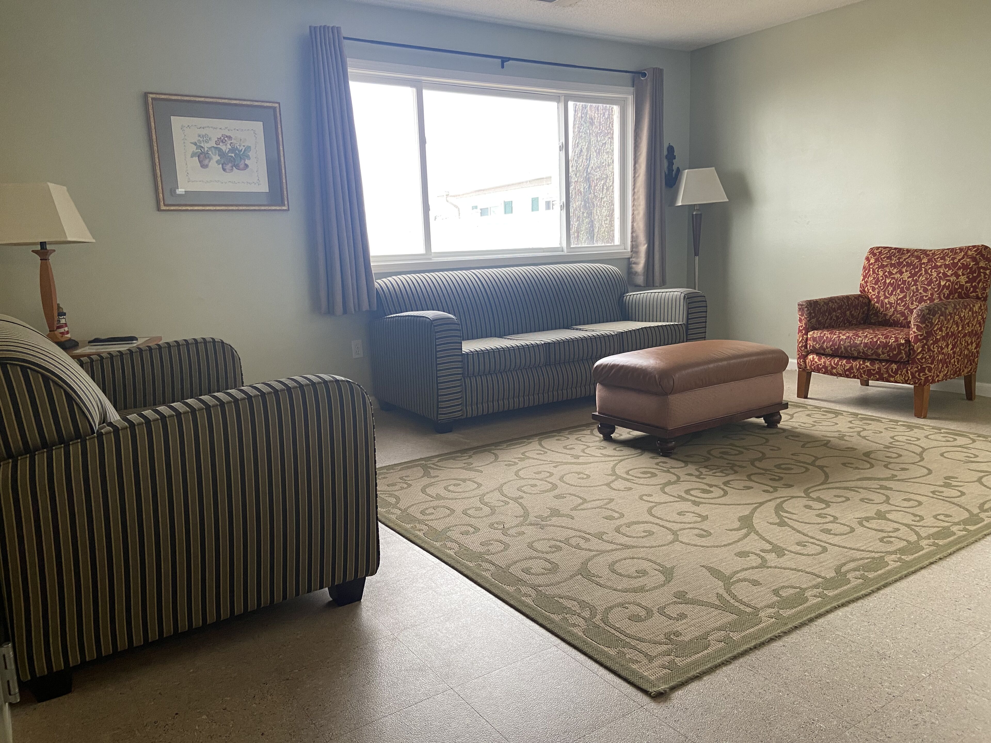 A living room with striped sofas, a patterned rug, a window with curtains, and a lamp.
