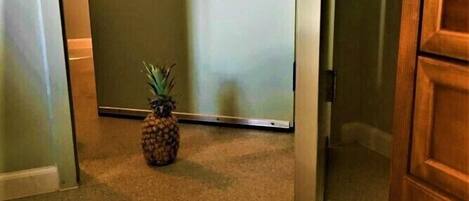 A hallway with a pineapple on the floor, a door, and a wooden cabinet.