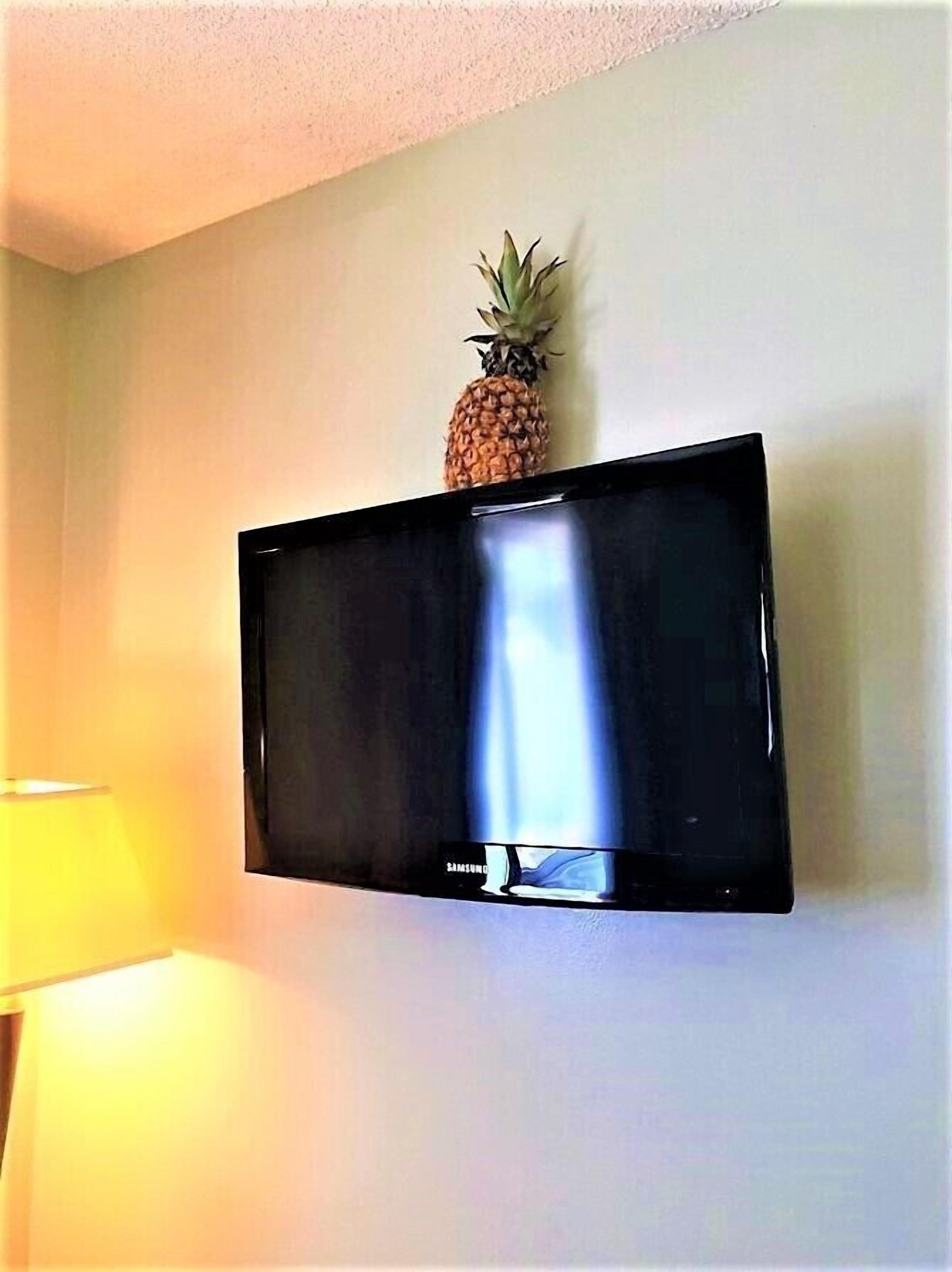 Un televisor de pantalla plana montado en la pared con una piña encima.