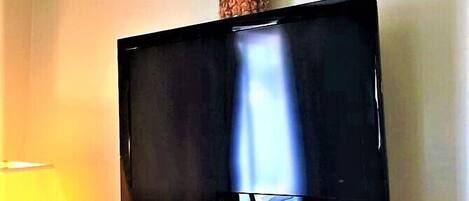 A flat-screen TV mounted on a wall with a pineapple on top.