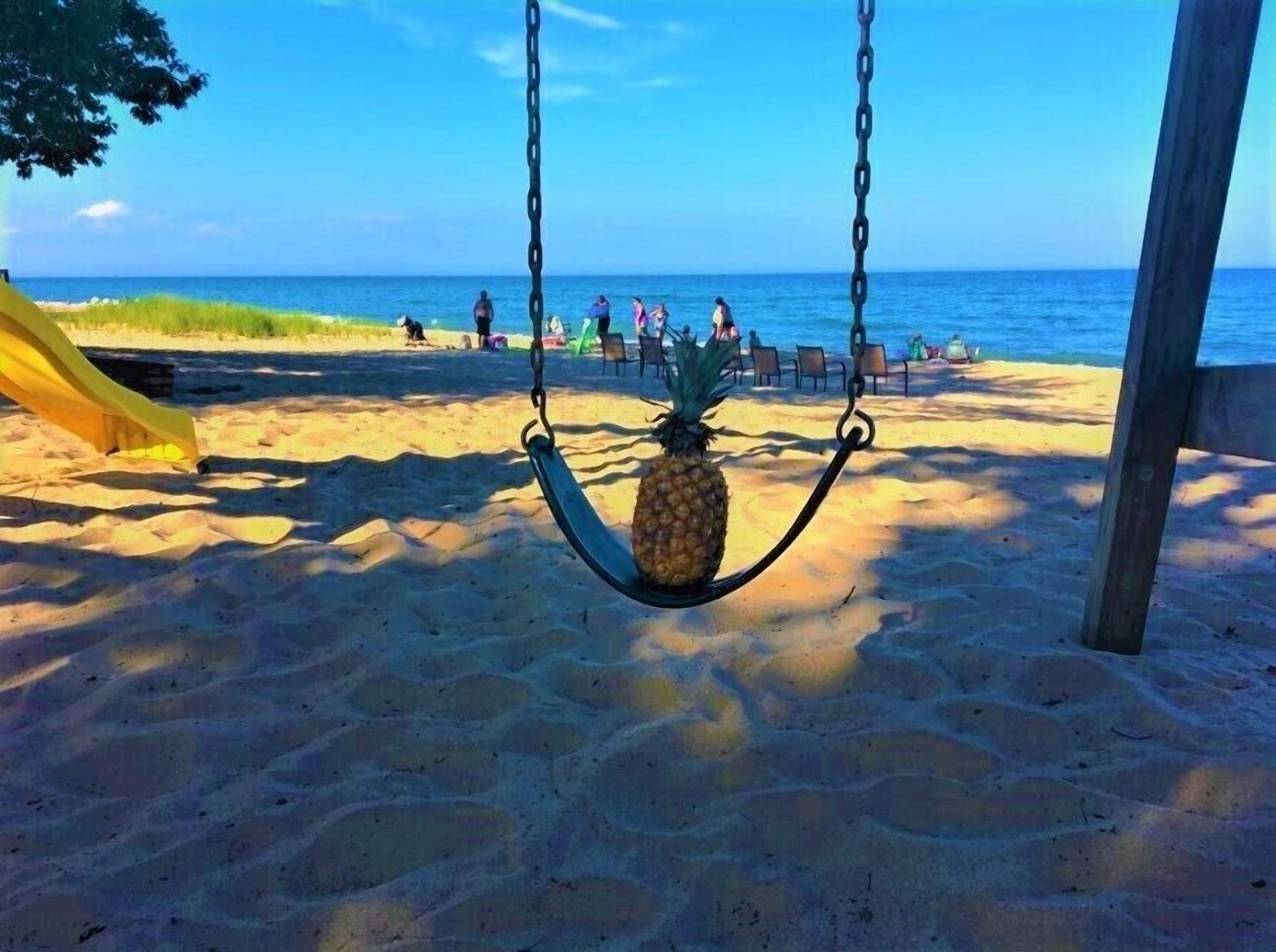 A beach with a swing set holding a pineapple.