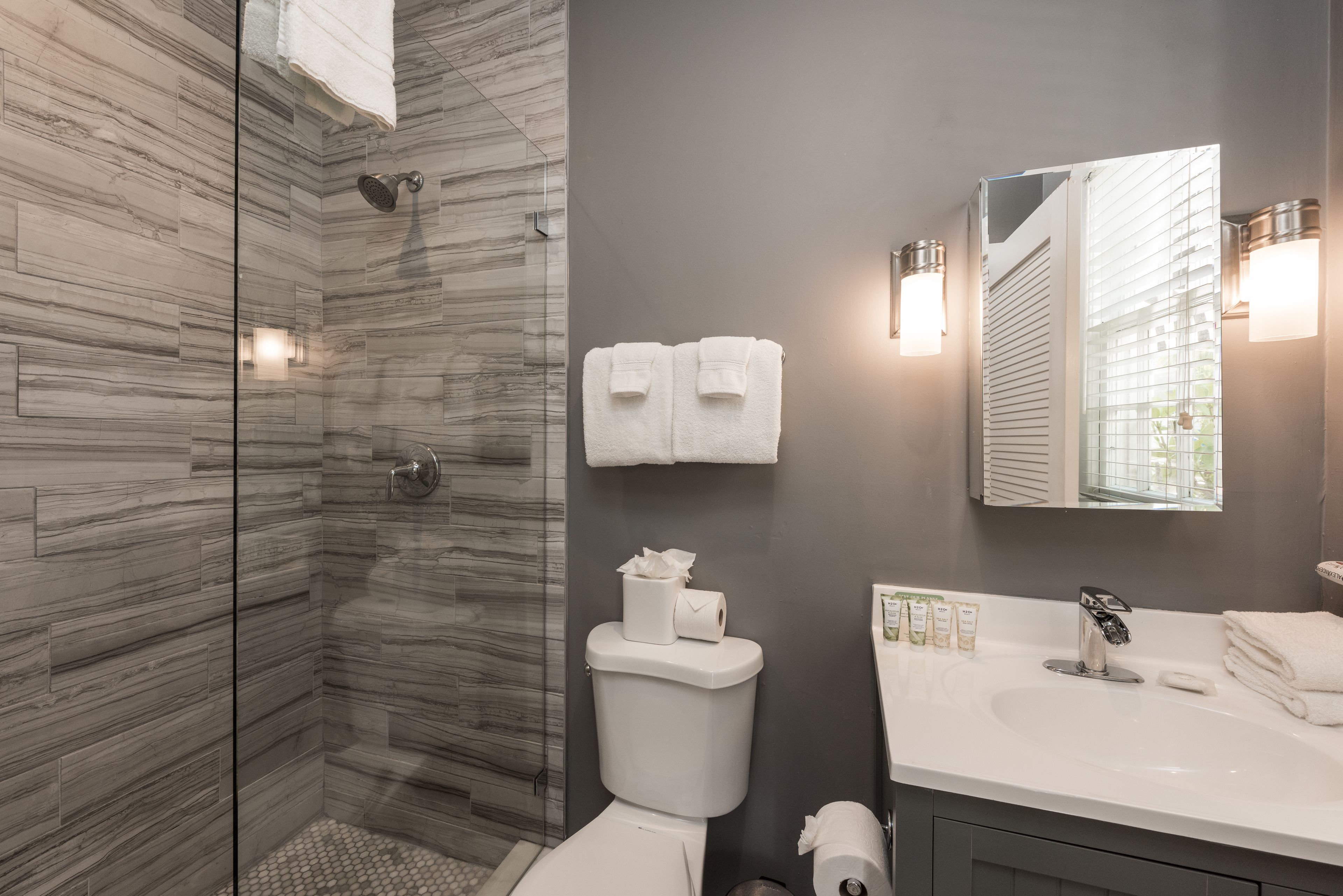 A modern bathroom with a glass-enclosed shower, a white toilet, and a vanity with a sink and mirror.