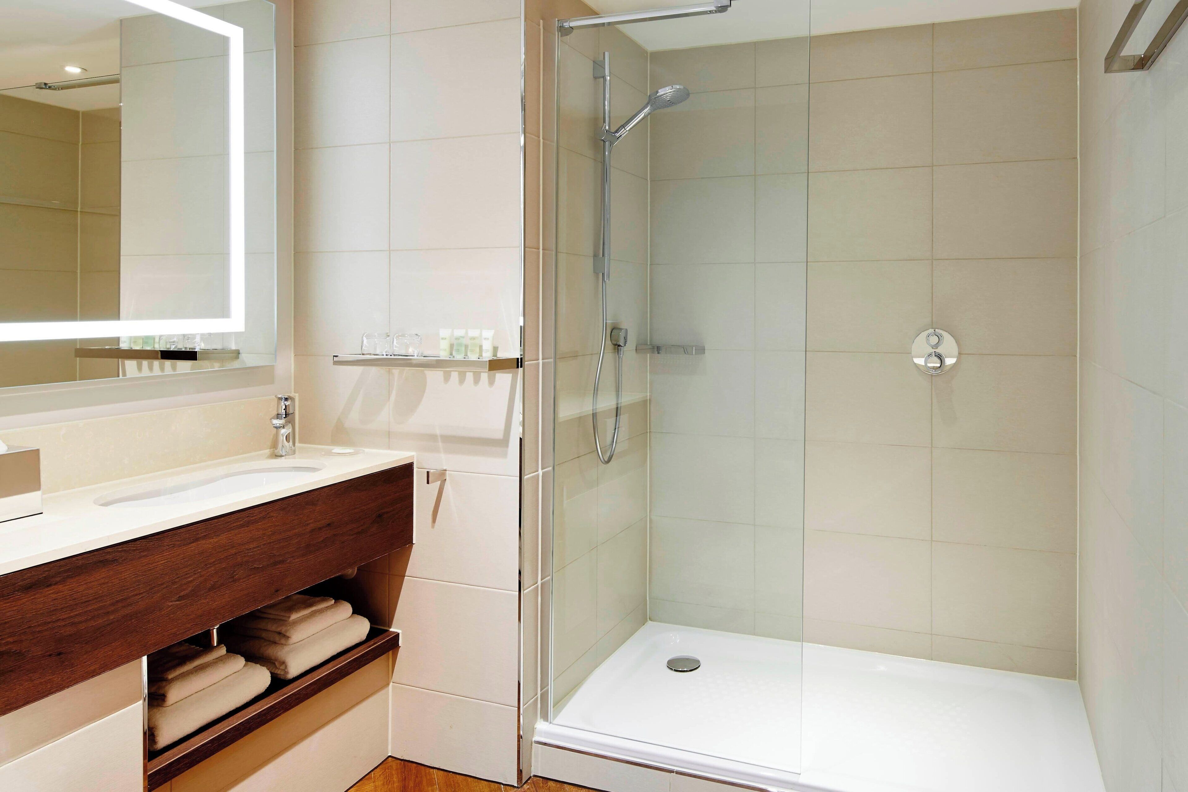 shower, free toiletries, hair dryer, towels