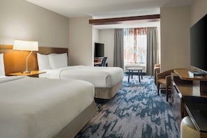 A hotel room with two beds, a desk, a chair, a TV, and a window with curtains. - Fairfield Inn & Suites by Marriott Indianapolis Fishers (Indianapolis)