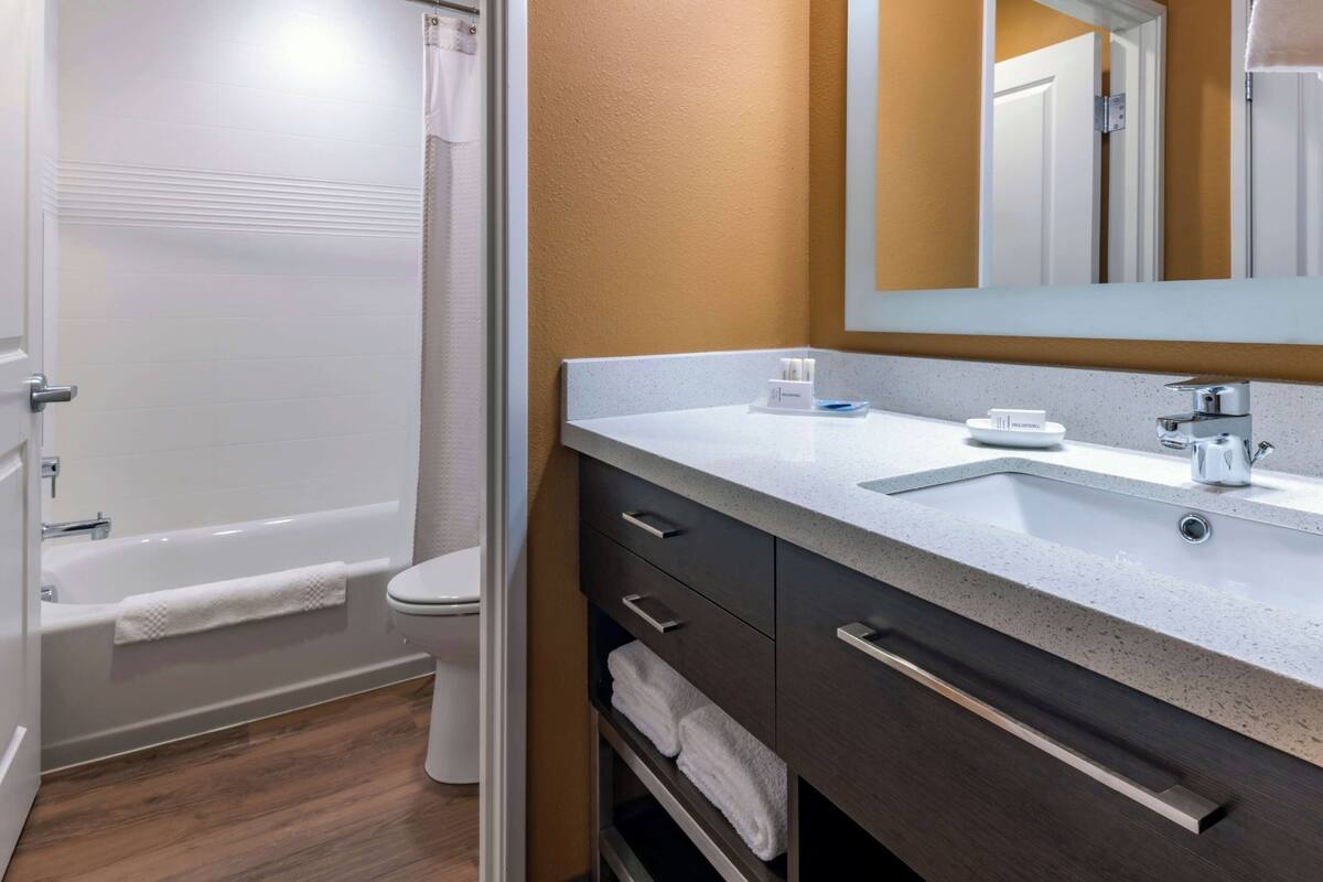 studio, 2 queen beds, mountain view | bathroom | hair dryer, towels