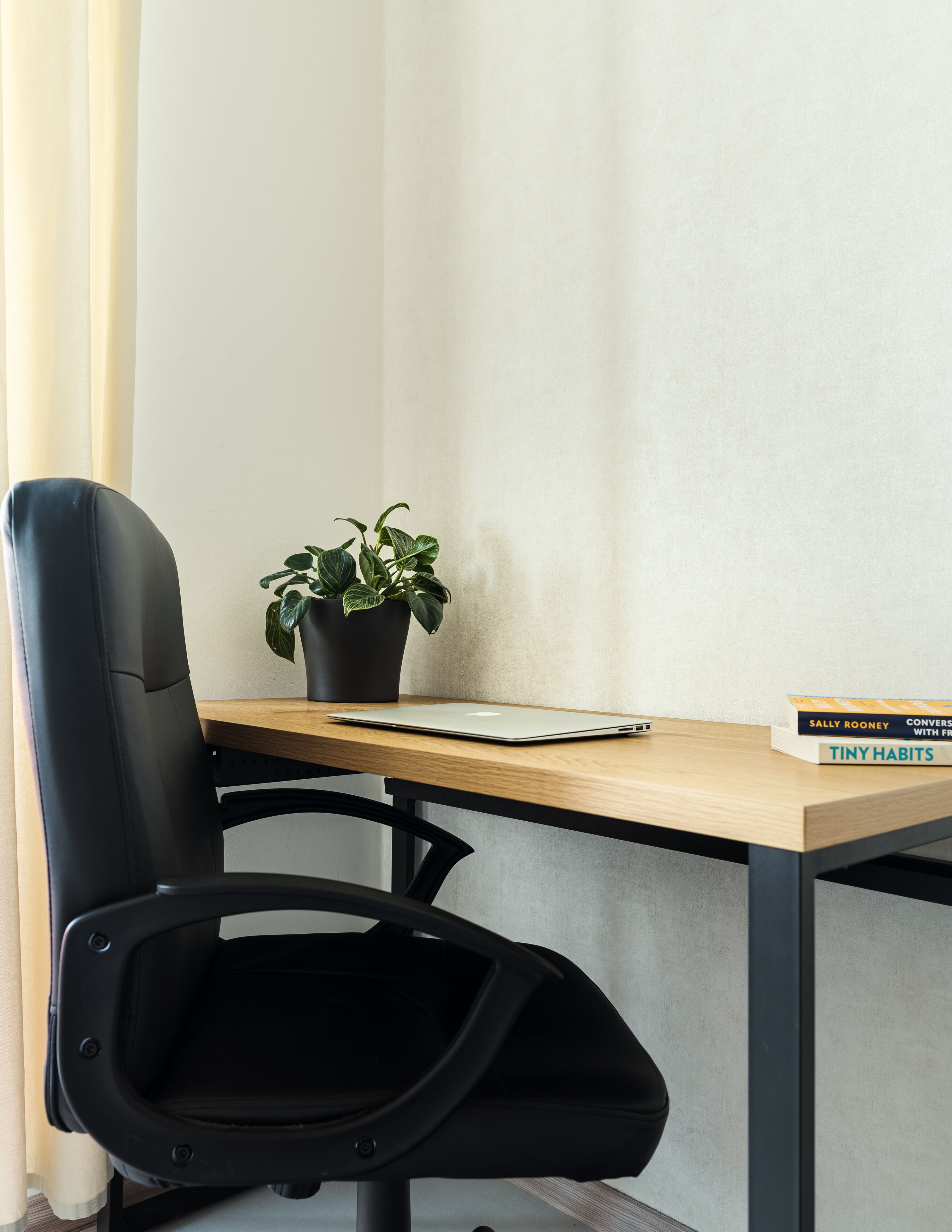 A modern office chair, a wooden desk, a laptop, a potted plant, and a book titled "Tiny Habits" by Sally Rooney.