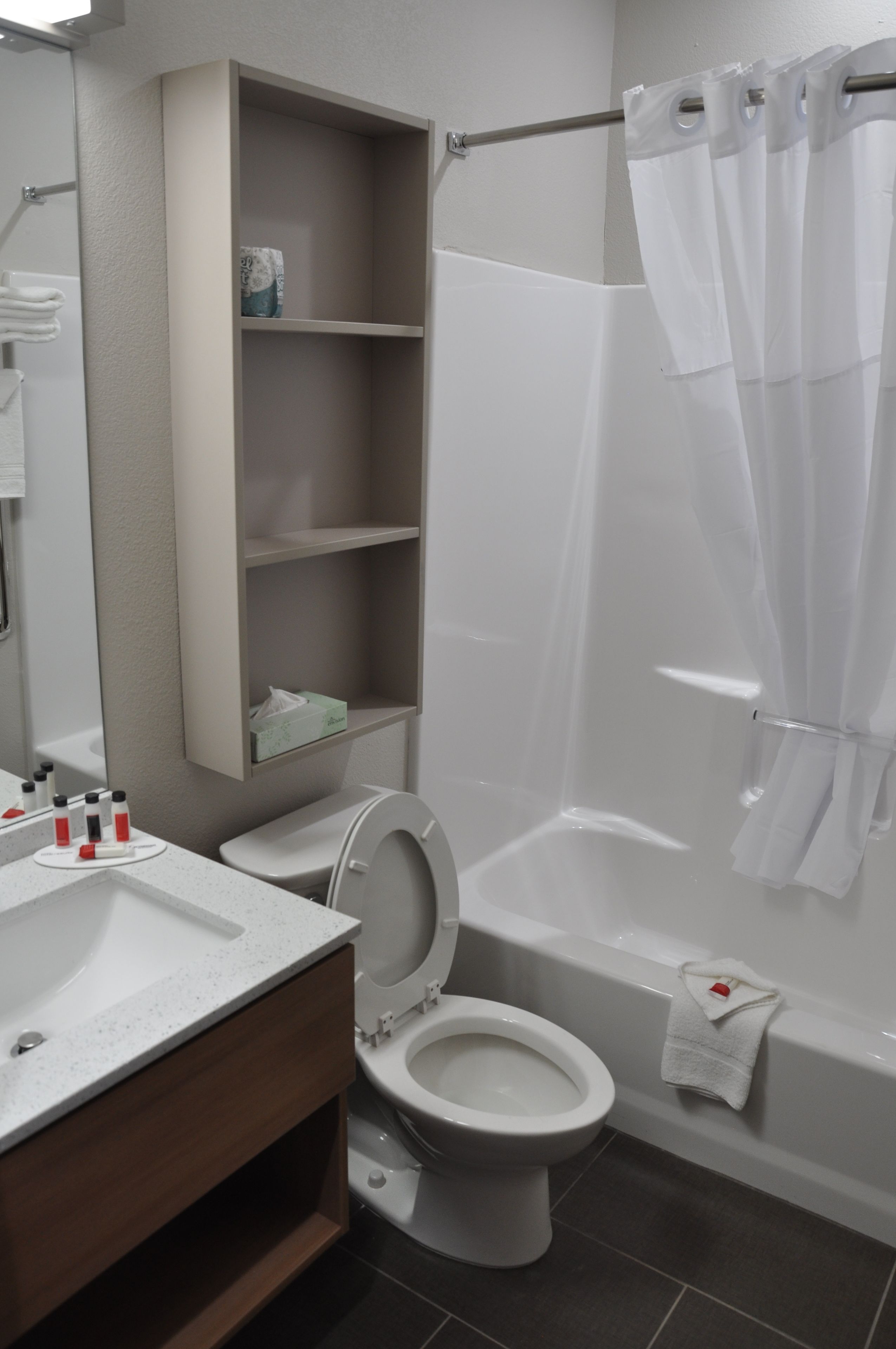 combined shower/bathtub, free toiletries, hair dryer, towels