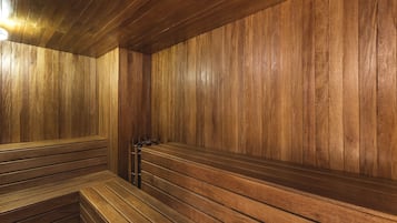 Un sauna avec des murs et des bancs en bois.
