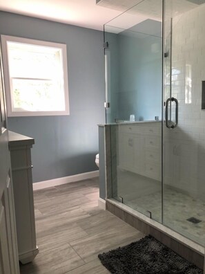 Combined shower/bathtub, hair dryer, towels, soap