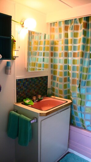 A small bathroom with a sink, a mirror, a towel rack, and a shower curtain. - Saugerties/Woodstock area - private home in a gorgeous country setting! (Saugerties)