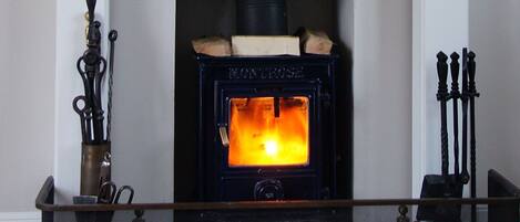 A traditional wood-burning stove with a visible fire, set in a white-walled room with a metal grate in front.