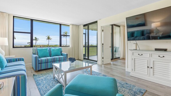 Flat-screen TV, DVD player, books, music library