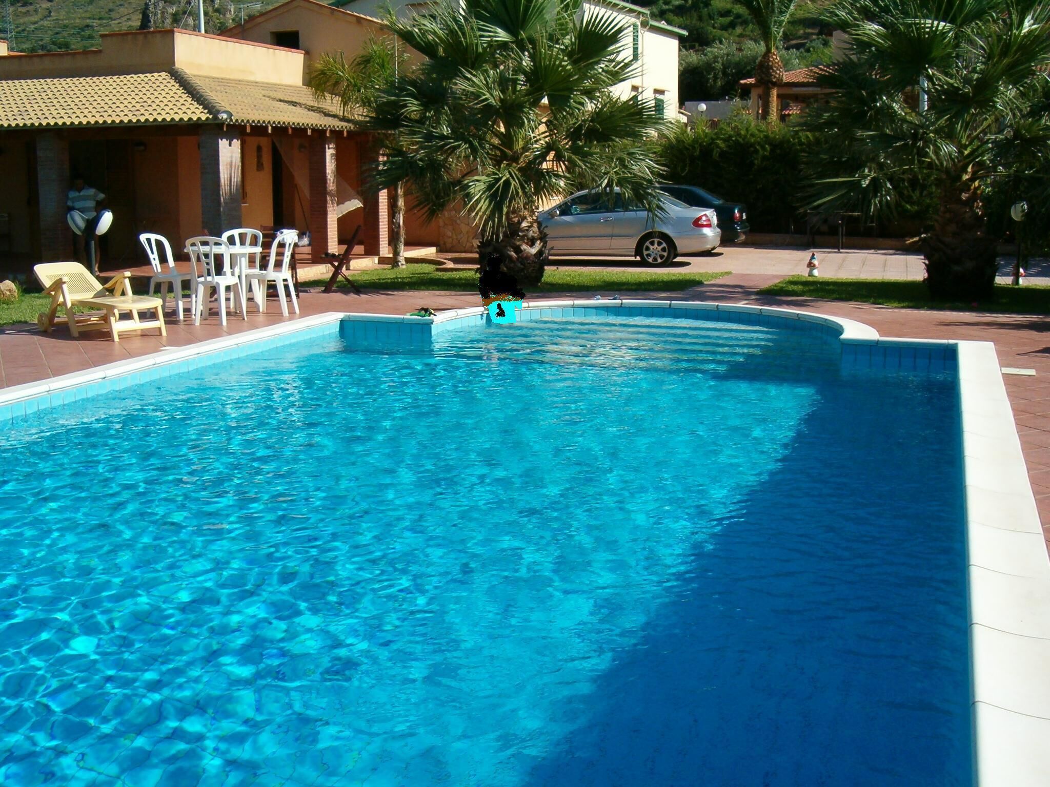 A rectangular swimming pool with clear blue water, surrounded by a tiled deck. There are white plastic chairs and a palm tree near the pool.