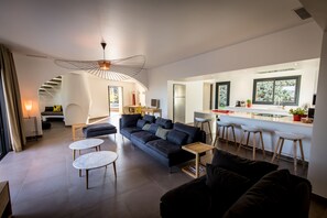 Televisión, chimenea y libros 