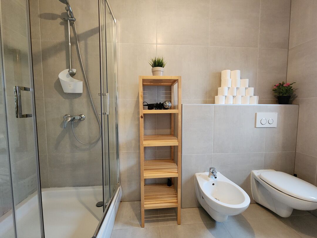A modern bathroom with a glass-enclosed shower, a bidet, a toilet, and a wooden shelf with a plant and toiletries.