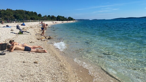 Una playa de guijarros con agua cristalina, algunas personas tomando el sol y un área boscosa a lo lejos.