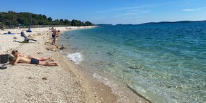 Een kiezelstrand met helder water, enkele mensen die zonnen, en een bosrijk gebied in de verte.