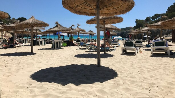 Una playa con sombrillas de paja y sillas de descanso.
