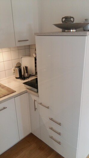 Fridge, stovetop, dishwasher, coffee/tea maker