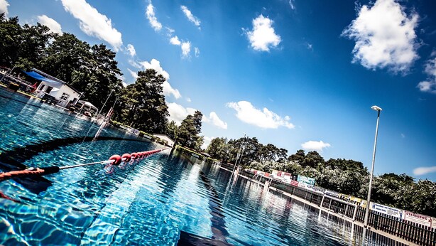 A swimming pool with clear blue water, surrounded by trees and a clear sky. - Standalone idyllic holiday home in the middle of nature for 6 to 8 people (Grabow)