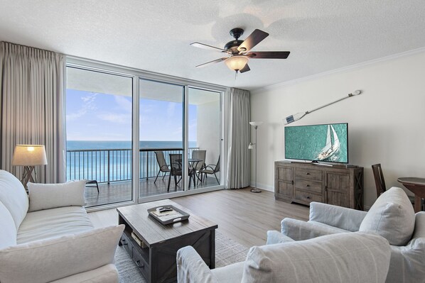 Televisio, DVD-soitin, kirjoja, videokirjasto