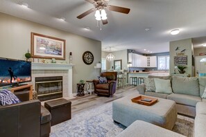 Televisión, chimenea, reproductor de DVD y libros