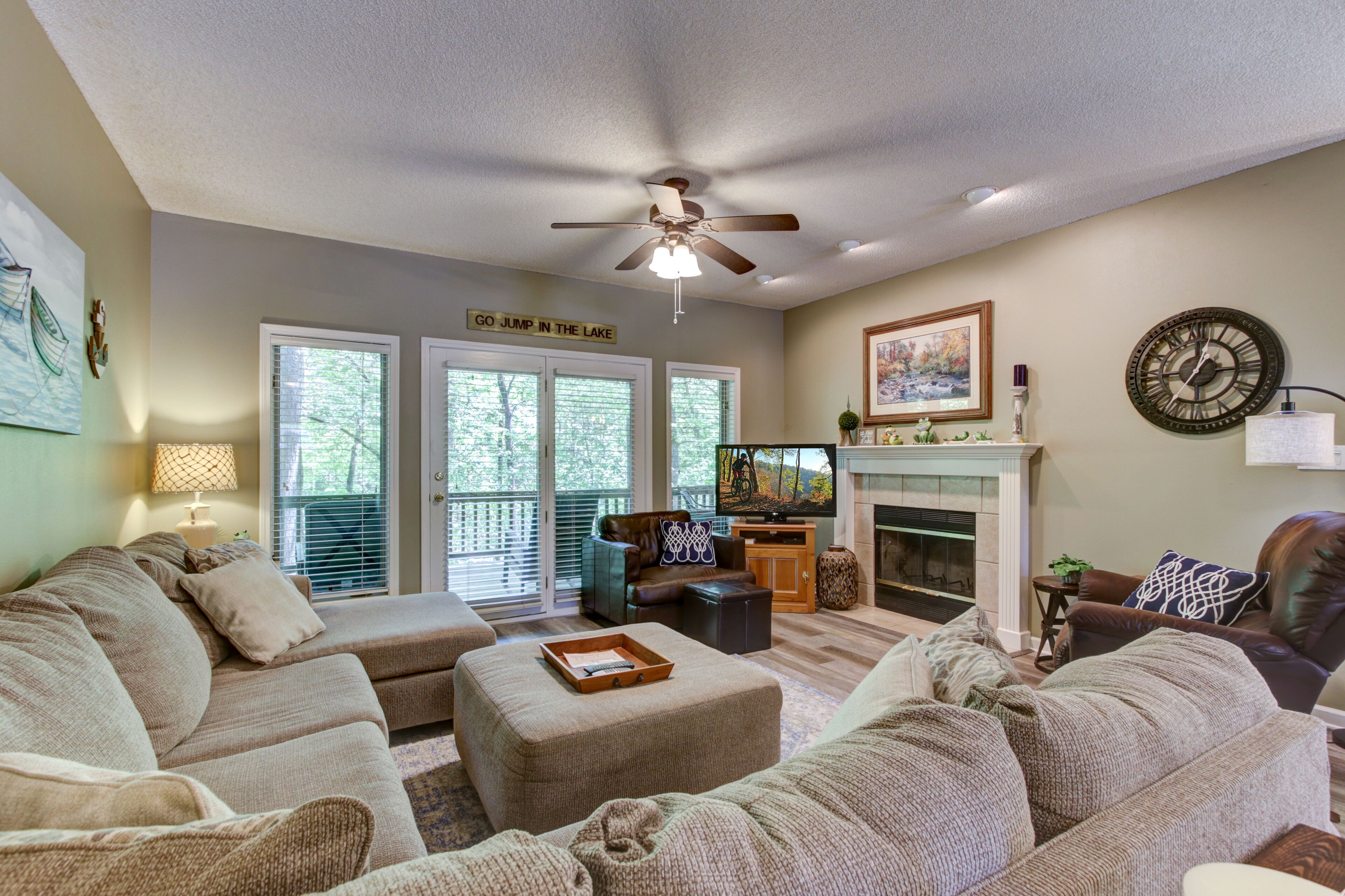 Televisión, chimenea, reproductor de DVD y libros 