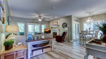 TV, fireplace, DVD player, books